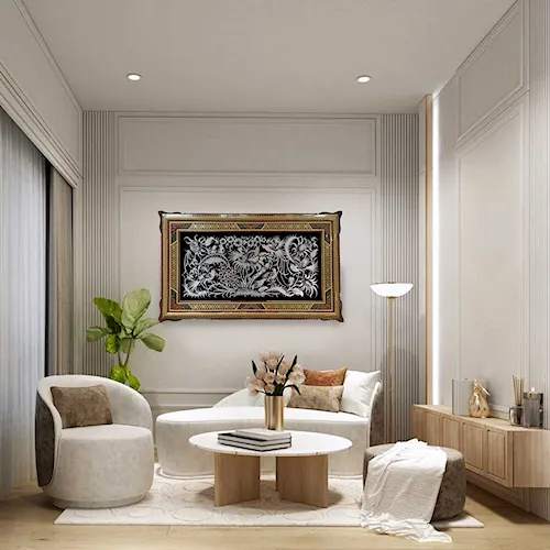 تابلو قلم زنی طرح گل و مرغ با قاب توپی سایز 81*51