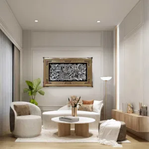 تابلو قلم زنی طرح گل و مرغ با قاب توپی سایز 81*51