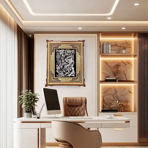 تابلو قلم زنی گل و مرغ با قاب خاتم صلیبی سایز 63*53