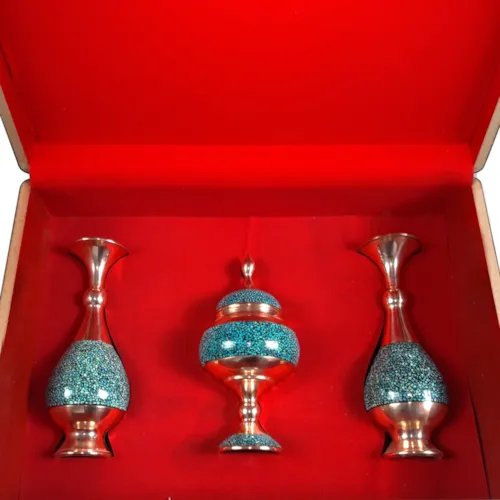 پک هدیه جفت گلدان صراحی 20 و شکلات خوری 20 فیروزه کوبی با جعبه دکوپاژ