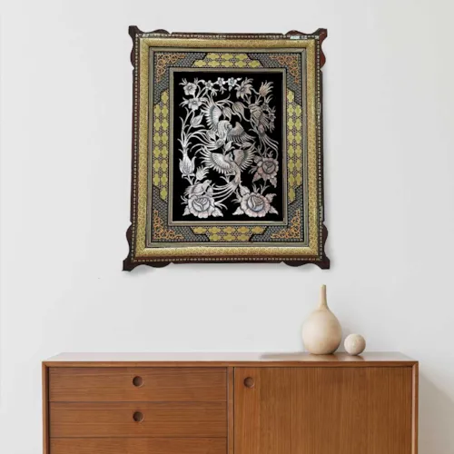 تابلو قلم زنی گل و مرغ با قاب خاتم صلیبی شاسی دار سایز 63*53