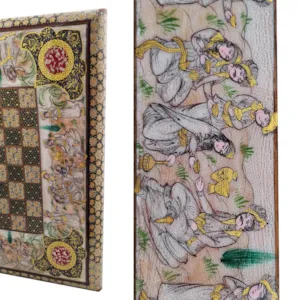 جزئیات طرح تخته نرد و صفحه شطرنج لبگرد خاتم نقاشی بزم آب مرکب سایز 50