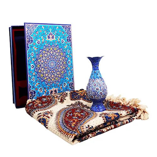 پک هدیه گلدان صراحی 20 میناکاری تراش و سفره قلمکار با جعبه طرح مینا