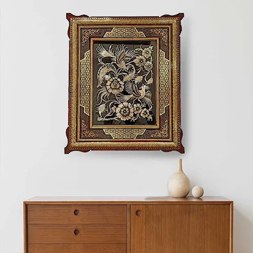 تابلو قلم زنی با قاب خاتم صلیبی شاسی دار سایز 63*53