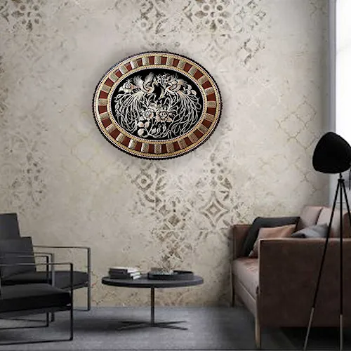 تابلو بیضی قلمزنی طرح گل و مرغ با قاب خاتم و چوب63*73