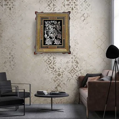 تابلو قلم زنی گل و مرغ با قاب خاتم ترنج سایز 63*53