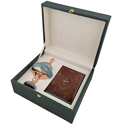 پک هدیه شکلات خوری بیشین فیروزه و دیوان حافظ با جعبه چرم