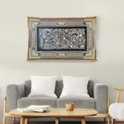 تابلو قلم زنی گل و مرغ با قاب خاتم طرح ترنج سایز 53در83 صنایع دستی زاوش