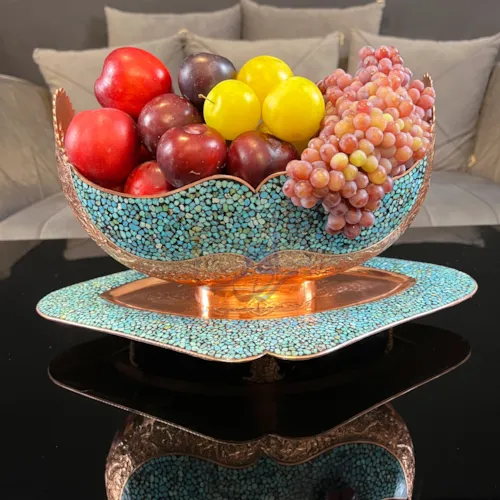 ست کشکول و سینی قلم خورده فیروزه کوب