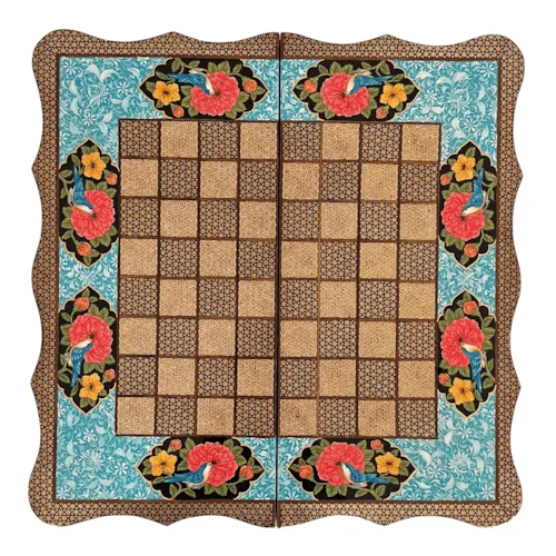 تخته نرد و صفحه شطرنج دو دالبور خاتم اعلا و نقاشی طرح گل و مرغ سایز 50