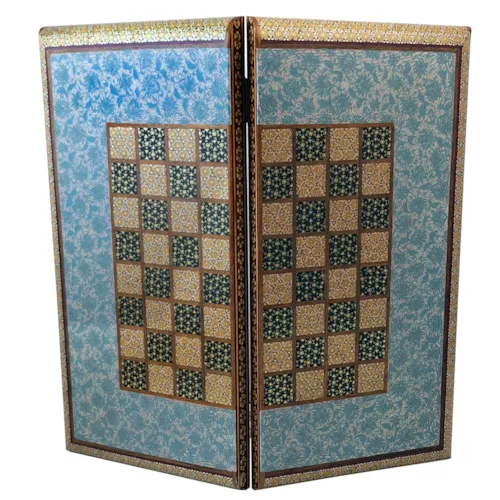 تخته نرد و صفحه شطرنج تمام خاتم لب گرد با نتقشی تذهیب (تک رنگ آبی) سایز 50