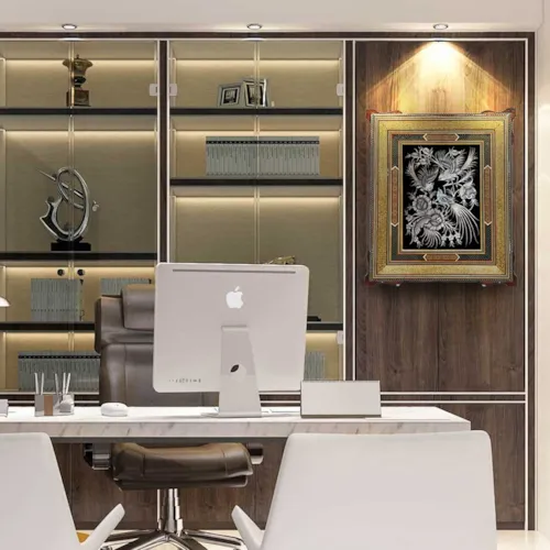 تابلو قلم زنی گل و مرغ با قاب خاتم ترنج سایز 63*53