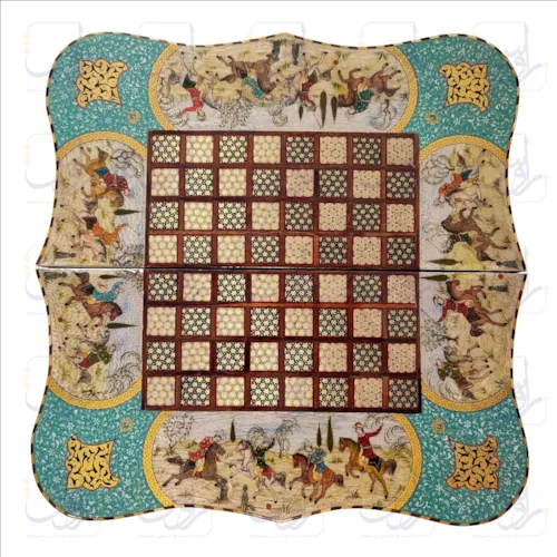 تخته نرد و صفحه شطرنج خاتم کاری دالبر با نقاشی چوگان سایز 50