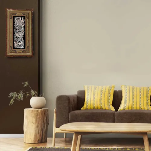 تابلو قلم زنی گل و مرغ با قاب خاتم توپی سایز 73*43