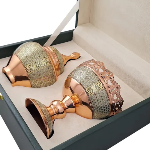 پک هدیه آجیل خوری و قندان سیبی خاتم کاری و جعبه طرح چرم