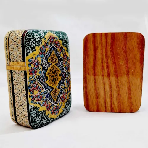 جعبه جواهر و جعبه پاسور خاتم کاری طرح فرش زمرد