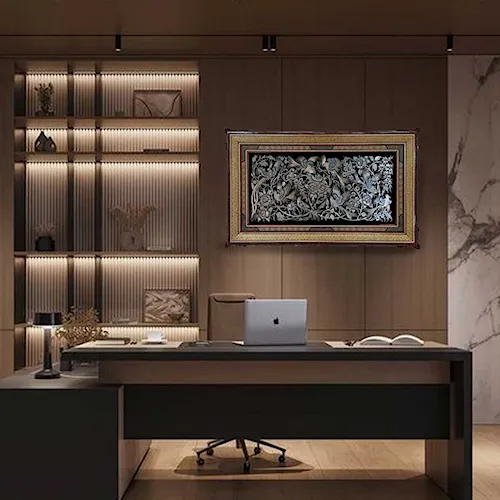 تابلو قلم زنی طرح گل و مرغ با قاب خاتم ترنج سایز 103*63