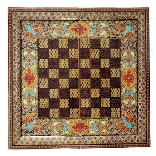 تخته نرد و صفحه شطرنج خاتم کاری ستونی با نقاشی تذهیب سایز 40