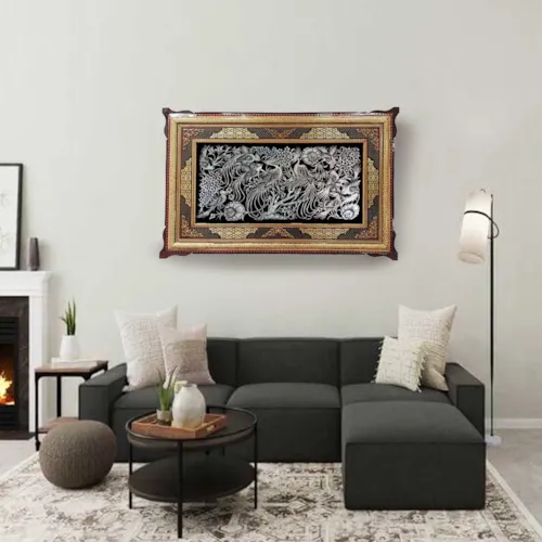 تابلو قلم زنی طرح ققنوس با قاب صلیبی سایز 81*51