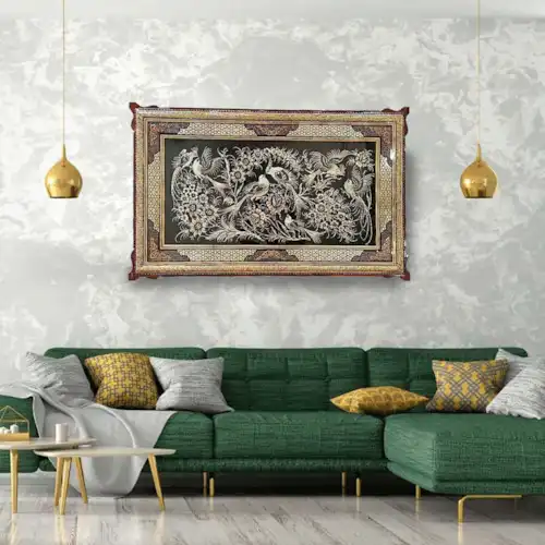 تابلو قلم زنی با قاب خاتم صلیبی شاسی دار سایز 63*103