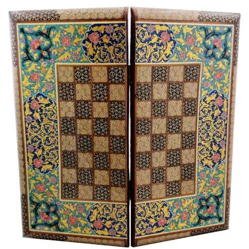 تخته نرد و صفحه شطرنج لبگرد خاتم نقاشی تذهیب طرح فرش سایز 50