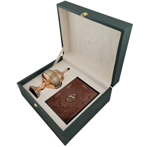 پک هدیه شکلات خوری بیشین مس  و خاتم و دیوان حافظ با جعبه چرم