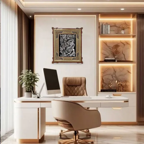 تابلو قلم زنی گل و مرغ با قاب خاتم توپی سایز 63*53