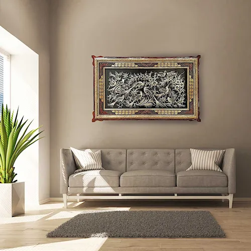 تابلو قلم زنی با قاب خاتم صلیبی شاسی دار سایز 63*103