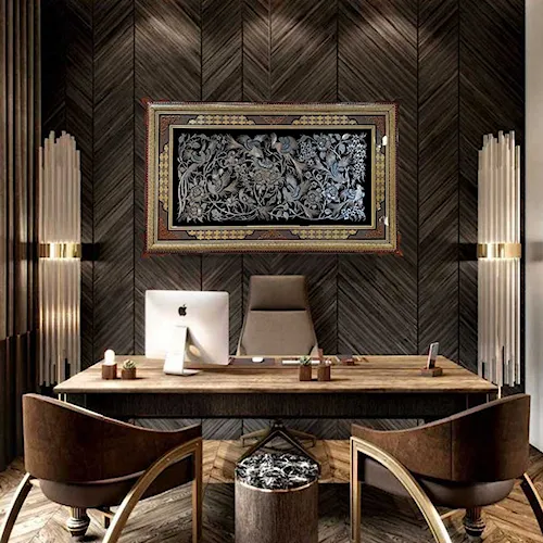 تابلو قلم زنی طرح گل و مرغ با قاب خاتم صلیبی شاسی دار سایز 103*63