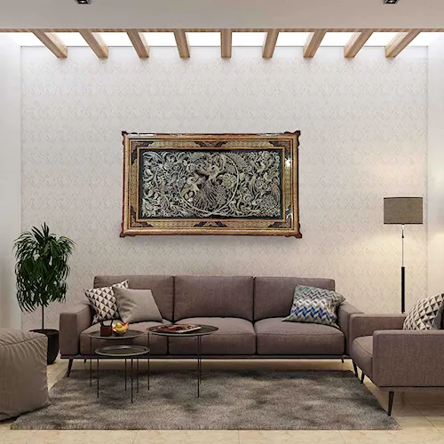 تابلو قلم زنی طرح گل و مرغ با قاب خاتم صلیبی شاسی دار سایز 123*73