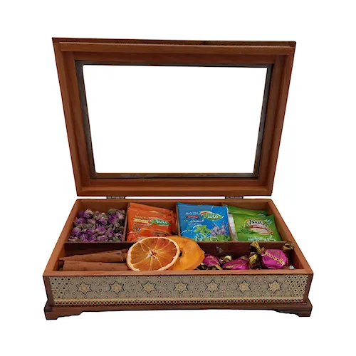 جعبه تی بگ و دمنوش خاتم کاری مدل رو شیشه طرح توپی