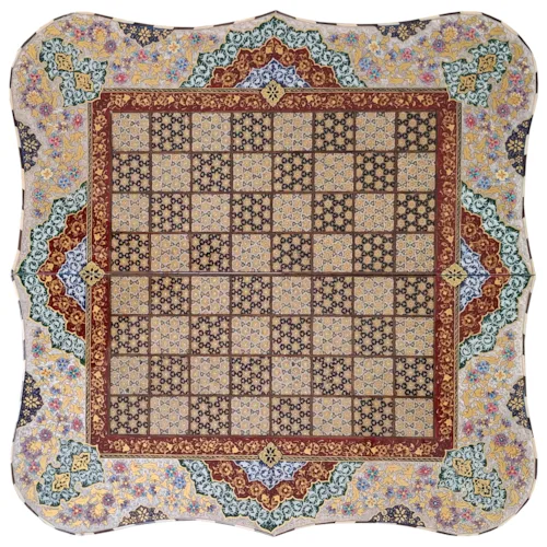 تخته نرد و صفحه شطرنج دالبر خاتم با نقاشی تذهیب طرح فرش سایز 60