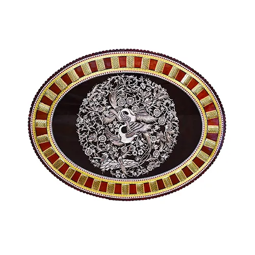 تابلو بیضی قلمزنی طرح گل و مرغ(چشم فلک) با قاب خاتم و چوب