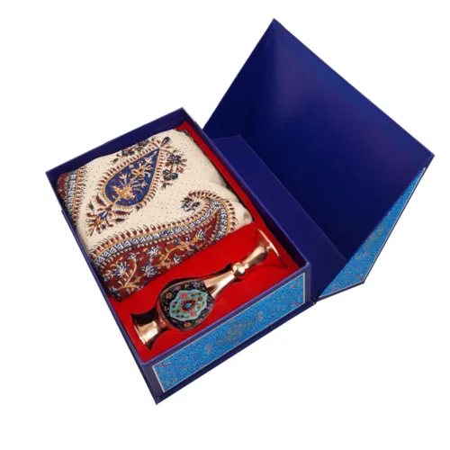 ست گلدان صراحی مس و پرداز و سفره قلمکار با جعبه طرح مینا