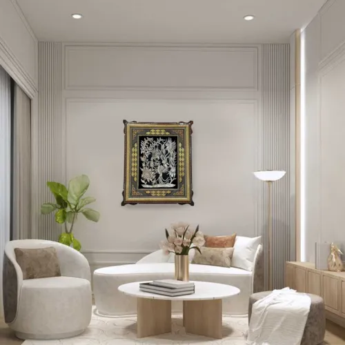 تابلو قلم زنی گل و مرغ با قاب خاتم صلیبی شاسی دار سایز 63*53