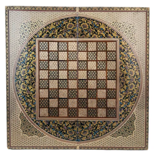 تخته نرد و صفحه شطرنج تمام خاتم اعلاء رو گرد حلکاری حرفه ای سایز 50 