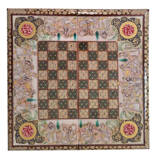 تخته نرد و صفحه شطرنج لبگرد خاتم نقاشی بزم آب مرکب سایز 50