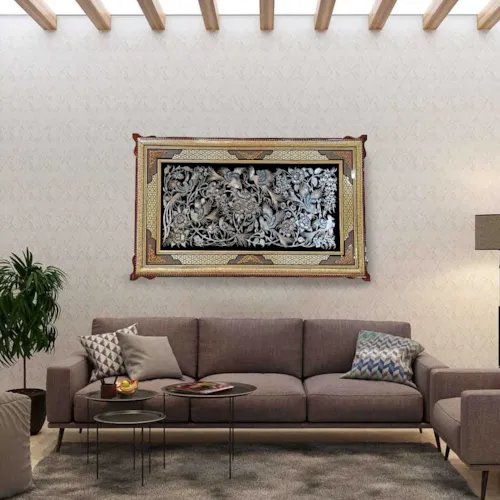 تابلو قلم زنی طرح گل و مرغ با قاب خاتم صلیبی سایز 103*63