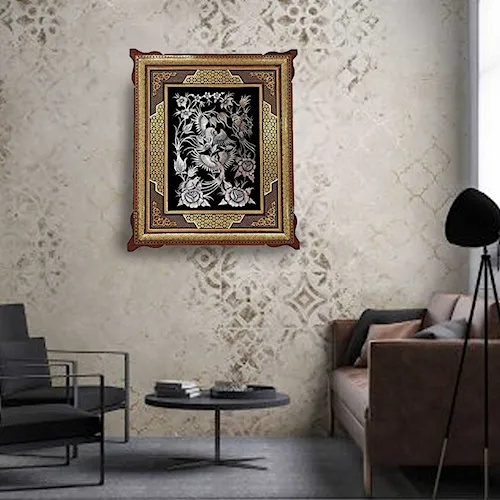 تابلو قلم زنی گل و مرغ با قاب خاتم صلیبی سایز 63*53