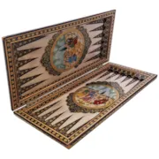 نمای باز تخته نرد و صفحه شطرنج خاتم کاری شده لبه گرد با نقاشی مینیاتور طرح بزم صنایع دستی زاوش