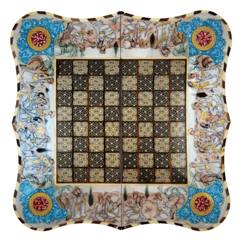 تخته نرد و صفحه شطرنج دالبر خاتم و نقاشی طرح بزم آب مرکب سایز 50